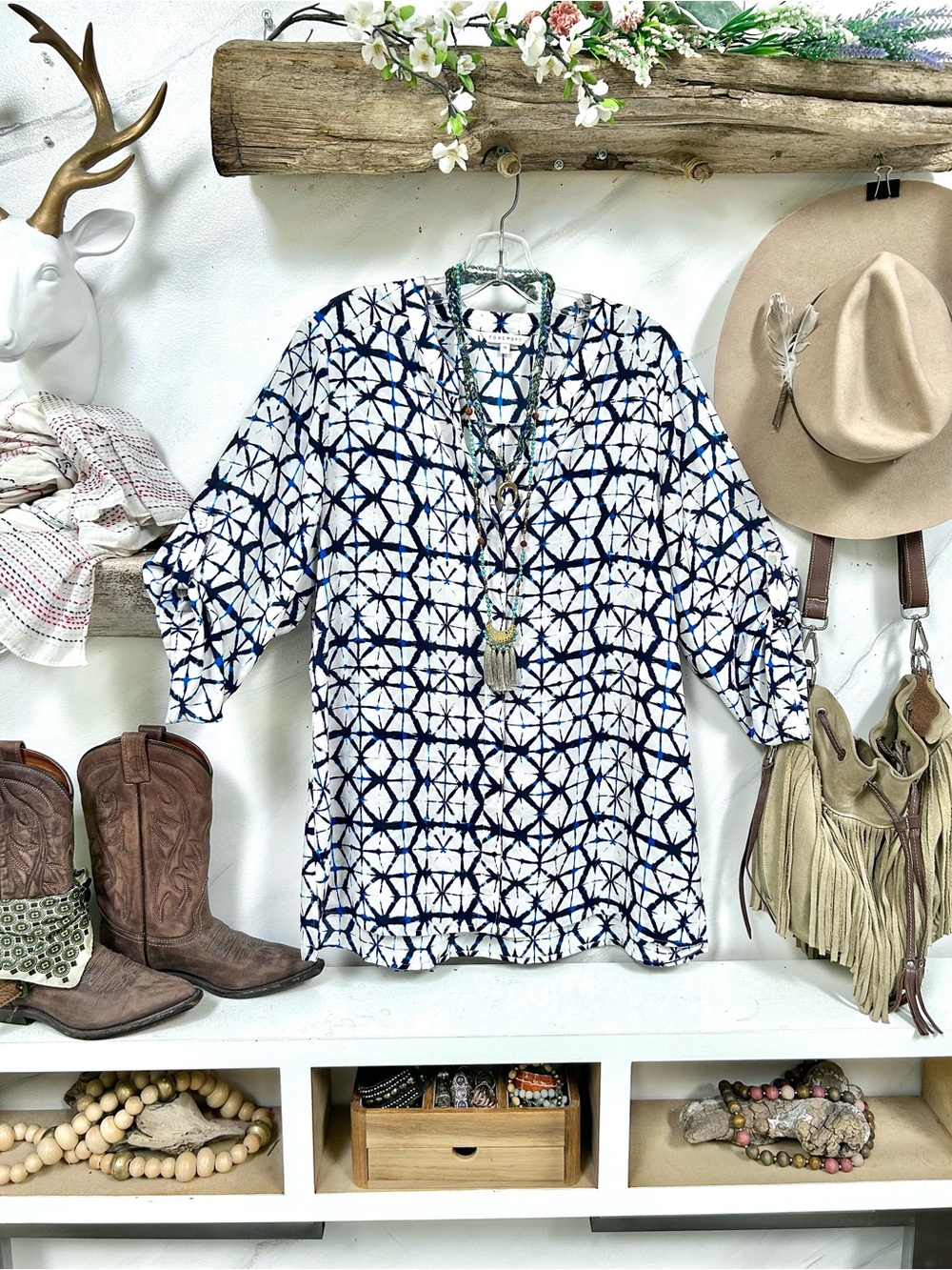 Foxcroft Navy & White Geometric V-Neck Tunic